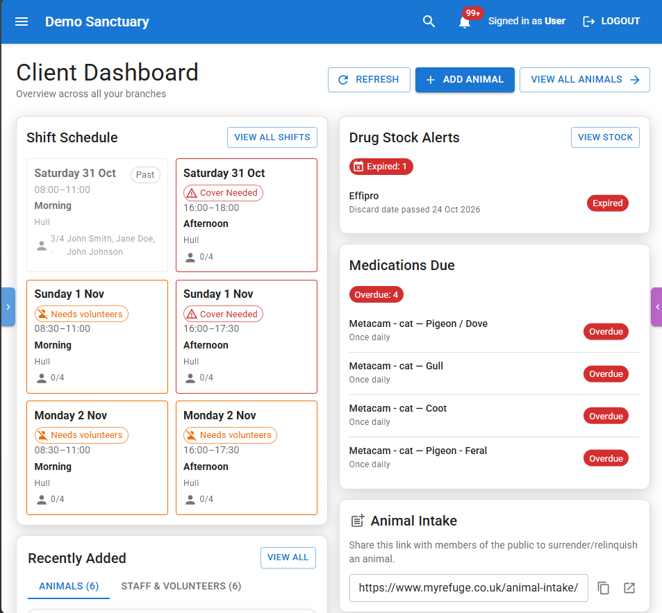 A sanctuary management software dashboard